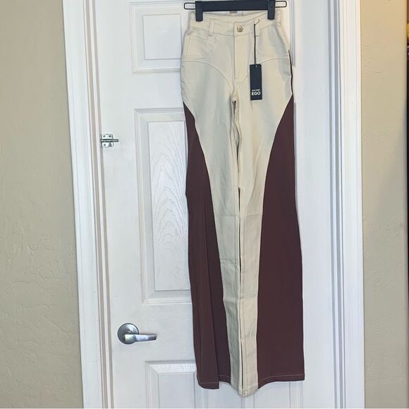 EGO Shea High Waist Panel Detail Straight Leg Trousers In Brown And Cream Nude - Picture 6 of 12
